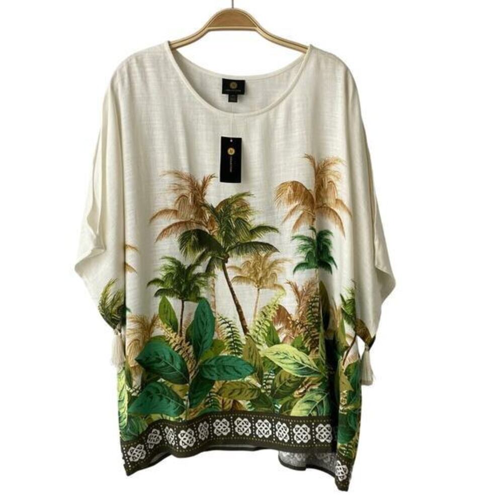 JM Collection Linen Blend Tropical Blouse Top Women XXL Green Coastal Resortwear